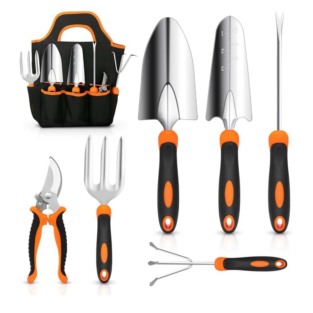 7pc Garden Tool Set Stainless Steel Ergonomic Handles Carrying Tote Orange Black